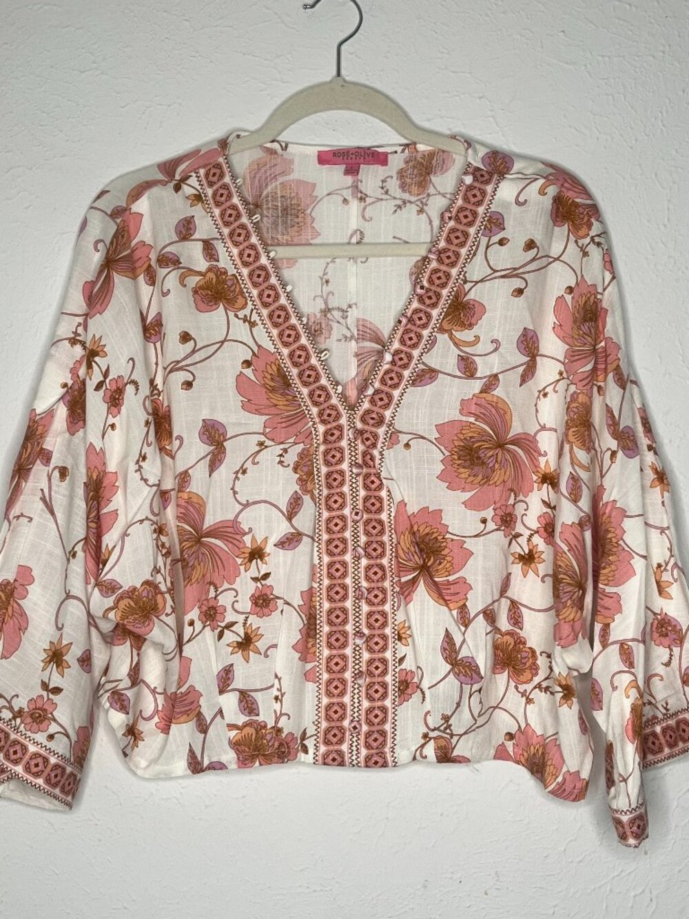 Women's Rose & Olive Floral Resortwear Crop Top Blouse Size Large